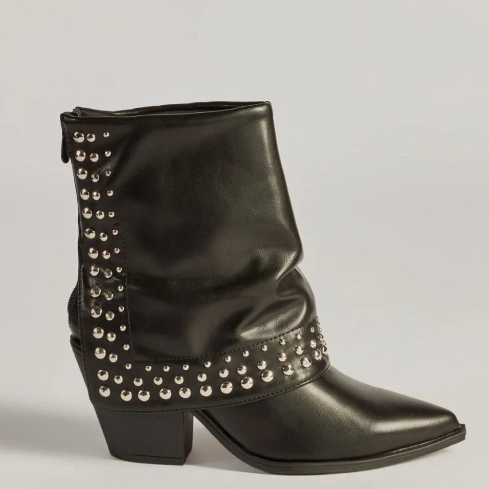 Women's NIB Wild Diva Lounge studded fold-over bootie, black, size 7